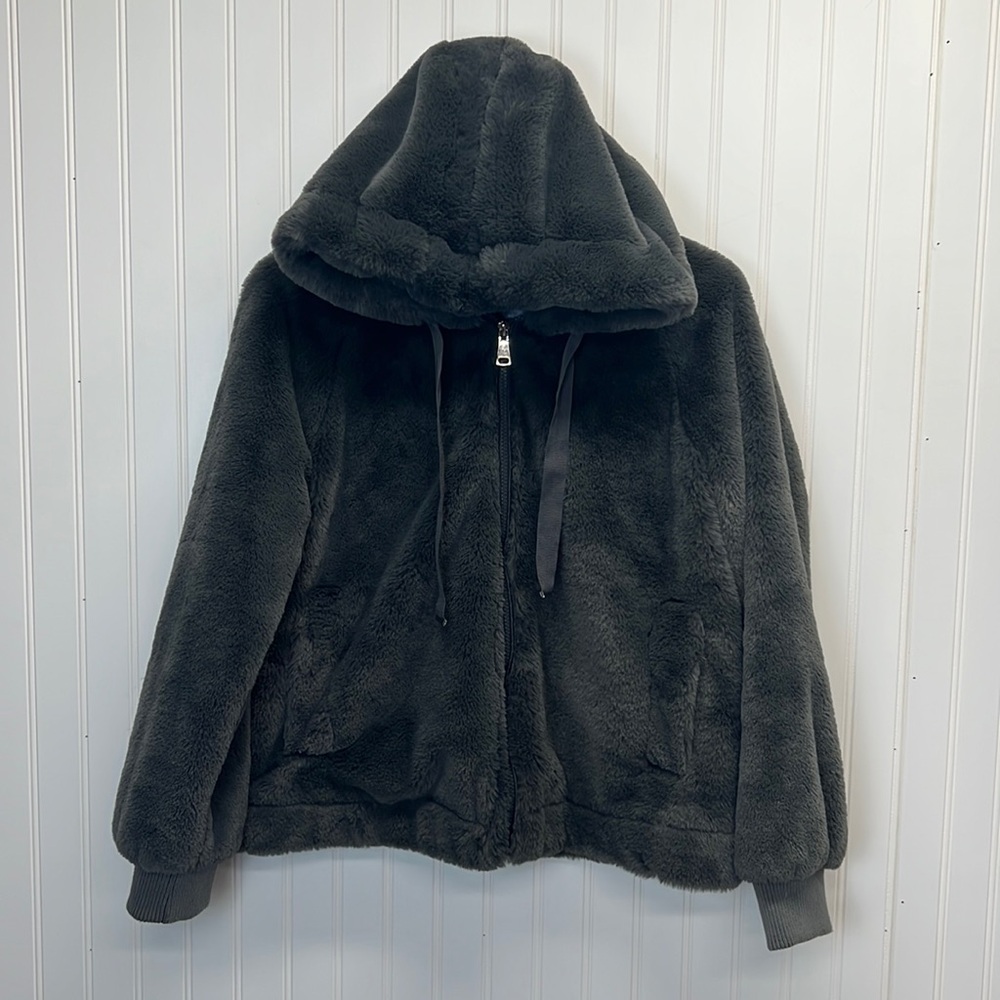 Bellivera Dark Gray Faux Fur Shearling Bomber‎ Hooded Jacket Sz M